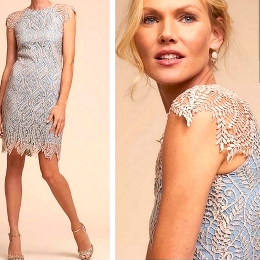 New Mignon Doo x BHLDN Pierre 10 | Med Blue Gold Crochet Lace Formal Knee Length